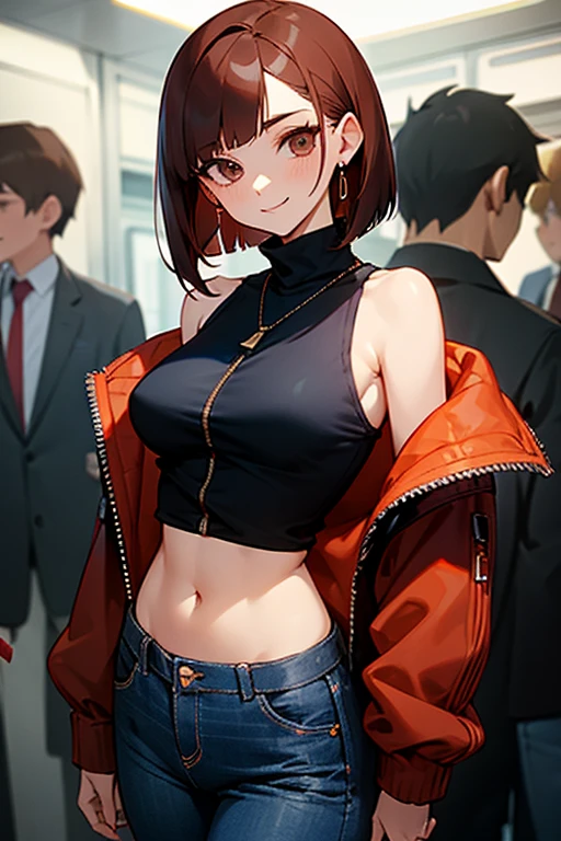 Reddish brown hair、Earrings、necklace、Sleeveless shirt、Shoulder Bare、Zip-up turtleneck、sexy、Cowboy Shot、In a crowded train、Disheveled clothing、Office casual fashion、The inner string is visible、Asymmetrical design、Tight pants、Off-the-shoulder oversize short jacket、Voluminous bob cut、Asymmetrical hairstyle、High leg pants、jeans、Dark navy jeans、Sideboob、White top、Belly button、Trouser buttons and zippers are undone and open、smile、The pants are unbuttoned、The trousers zipper is open、Underboob、Frills、Underboob