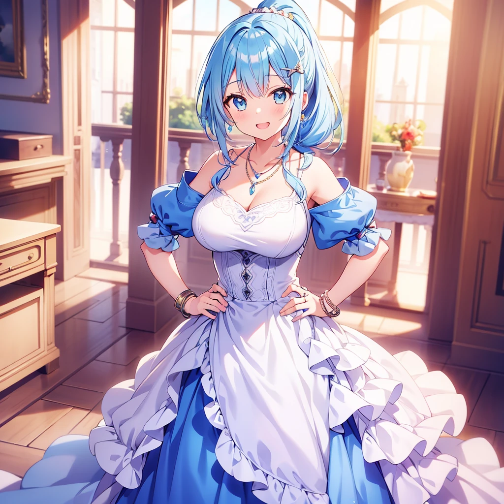 Anime Moe Art Style,highest quality,High resolution,Anatomically correct,One Girl,Mid-teens,Girl with light blue hair in a ponytail,Very detailed,Fantasy-style world,Glamorous Dress,Big Breasts,Rich expressiveness,Bright smile,Laughing with your mouth open,Place one hand on hip,Model standing,Inside the palace,Focus on the upper body,Detailed drawn eyes,hair ornaments,necklace,bracelet,ring,,8k