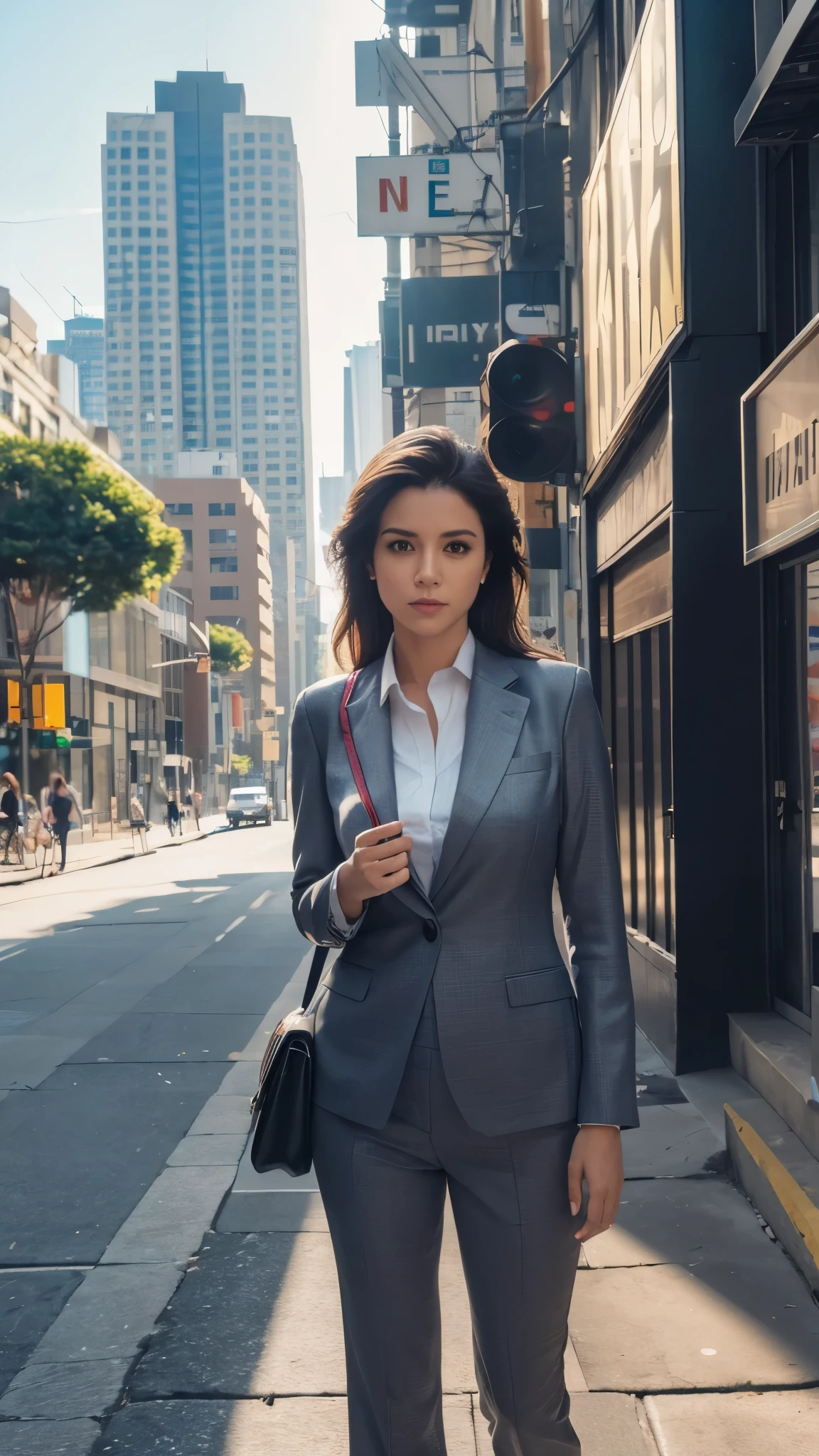 (8k, RAW Photos, highest quality, masterpiece: 1.2), (Realistic, photoRealistic: 1.37), 1 Woman in a suit standing on the sidewalk, Cityscape, Day, Sunny Morning, Professional Lighting, Photon Mapping, Radio City, Brazilian Women, Torn, shirt, Woman in a suit, Silk Suit