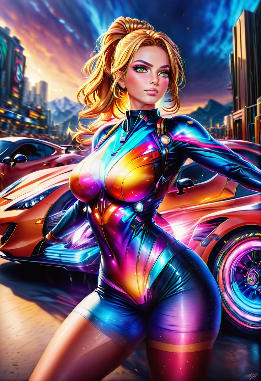 A young woman wearing (tight, fitted, snug) high cut booty shorts and cropped shirts stands between two (powerful, sleek) Muscle Cars to start a race, engine roaring, in the backdrop of a vibrant Sunset. (Best quality, 4k, highres, masterpiece:1.2), ultra-detailed, (realistic, photorealistic, photo-realistic:1.37) prompt, with (HDR, UHD) quality and (studio lighting, sharp focus), high ponytail, copper-blonde hair, large breasts, bright light, perfect eyes, skin blemish, detailed skin, full person, blacklight makeup,ambr1