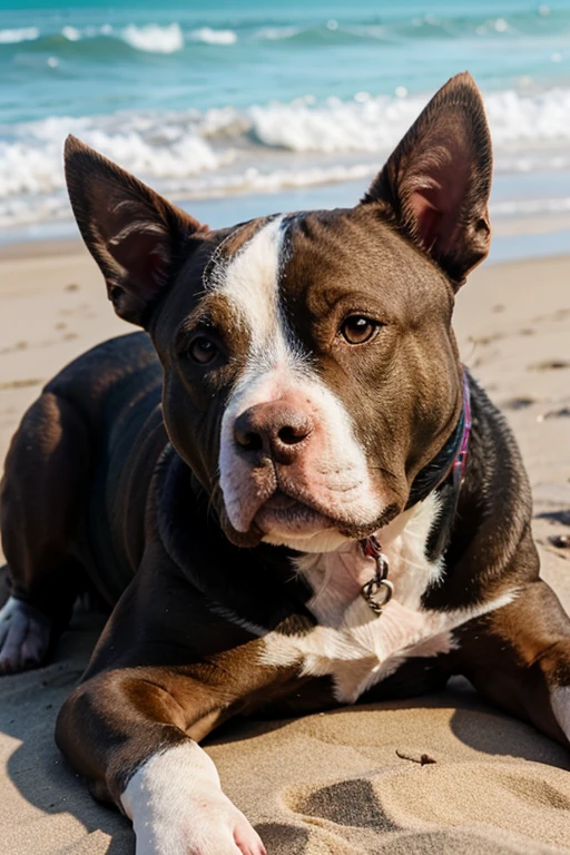 pitbull bebe, griz, 4k, animado, detallado 8k, profesional, en la playa, (ojos detallados, iris de los ojos:0.5), (mirando a la camara:0.8)