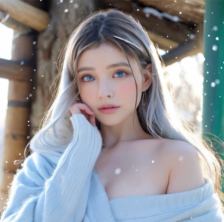 Beautiful girl, blue eyes, white hair, detailed facial traits, national turkic female dress, naked breasts, yurta behind, it's snowing