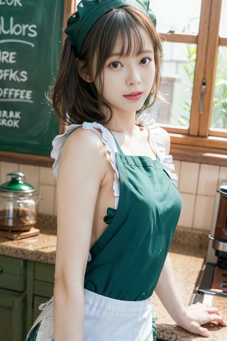 (Realistic、Photorealistic、Ultra-detailed、Highest Detail Skin、highest quality、masterpiece、超A high resolution)、Very cute Japanese woman、18-year-old、Gradient lighting、One Girl、Purelos Face、(((((Naked Apron、Wear only an apron、Green apron only、No clothes)))))、(((Coffee shop clerk、Serve customers at the counter)))、On the bed、Laughter、Realistic skin types、Perfect Style、Gravure idol pose、shortcut、double eyelid,((The camera is from the side of the body)),