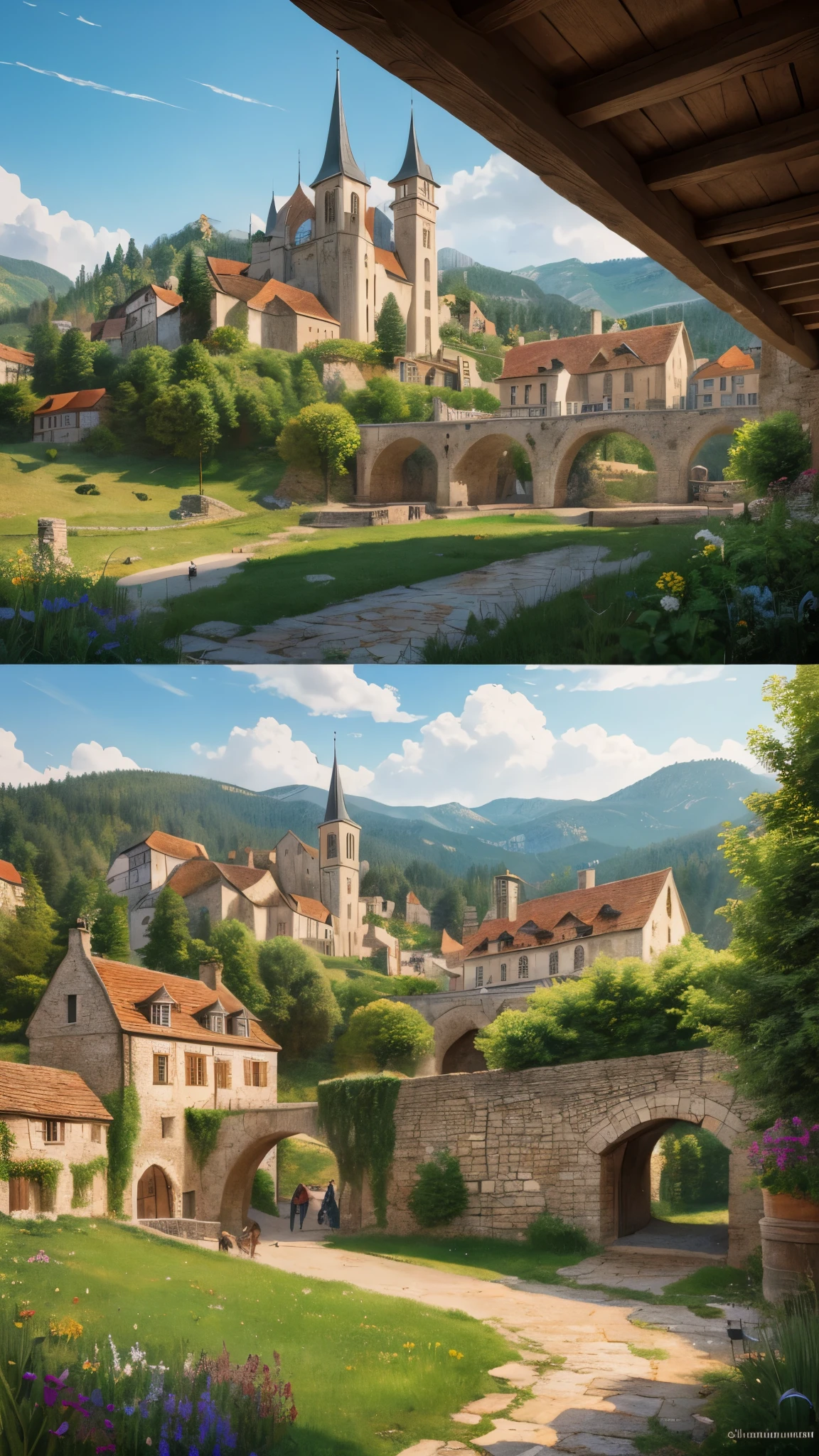 ((masterpiece)),((highest quality)),((High detail)),((Realistic,)) ((Super detailed)) Medieval small town landscape, Cartoonist&#39;s illustration, aerial photograph, Beautiful sky, Deformed clouds, 1.3:pine tree, tower.