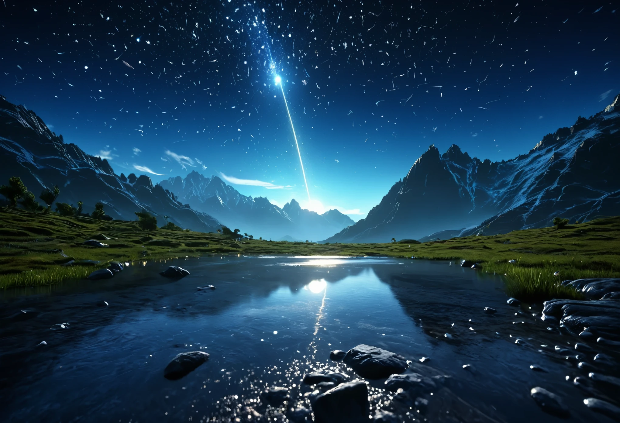 (Logo, Amazing, 8K, Tabletop, Raw Photo, Amazing, Top Quality, Photorealistic and Highly Detailed, CG, High Quality, Highly Detailed, Narrative Verse, Particle Effects, Dynamic Effects, Text Border the depth, cinematic lights, flares, raytracing, tabletop, realistic, ultra HD, fantasy), the wind, the beauty and brilliance of mountains and forests, the serenity and beauty of the world's grasslands and vast lands, Lakeside, wonderful scenery, beautiful natural scenery, night, starry sky, constellation, full moon, space, gorgeous, view, water, constellation, wonder, fantastic, meteor, magic, best illumination, best shadow