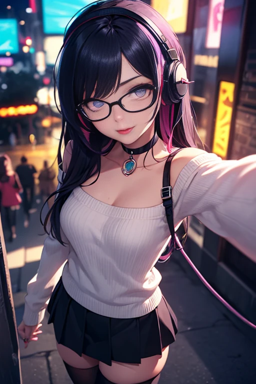 ((best quality)), ((masterpiece)), ((detailed eyes and face)), POV view from above taking a selfie with both arms, perfect face, female, gamer girl, aqua eyes, cherry-red lips, light smile, long black hair, purple streaked hair, purple highlights, wearing headphones, bangs with purple highlights, choker, nerdy glasses, white off-shoulder sweater, long sleeves, black skirt, thigh-highs, nighttime, neon lights in the background, colorful lights