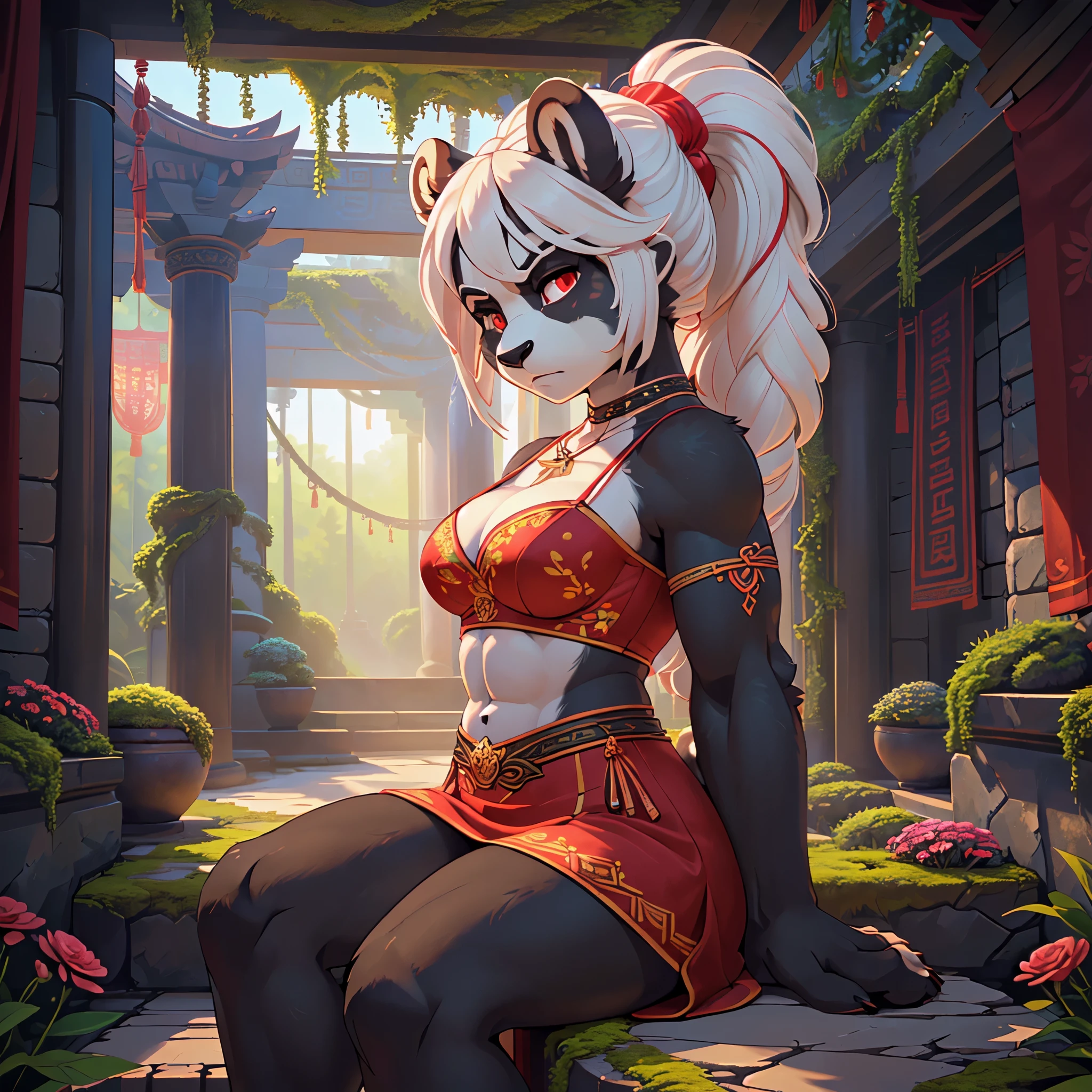 (((sfw))), masterpiece, top quality, best quality, highly detailed, 8k, super high resolution, absurdres, perfect anatomy, ((solo, close-up)), (highly detailed face and eyes), ((sitting, seductive pose, side view, looking at viewer)), (bright red eyes), (((white hair))), ((long ponytail hairstyle)), (adult), (((furry female anthro dark panda, anthro panda body, black legs, black arms, all black fur))), ((muscular, medium breasts, cleavage, long legs, thick thighs)), open midriff, ((frown, glare)), bare shoulders, open neck, chinese embroidered red dress, jewelry, rope belt, transparent ribbons, armbands with streamers, necklaces, bracelets, ((breezeway, temple, plants, tapestry, moss, flowers))