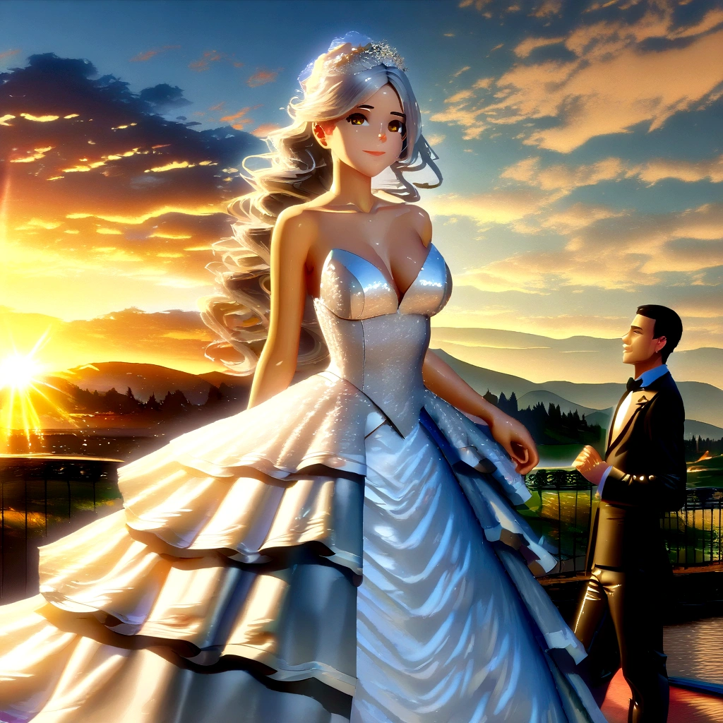 masterpiece, Best quality, masterpiece, Best quality, masterpiece, Best quality, masterpiece, Best quality, high quality, High detail, Ultra detail, HD, 4k, 4280x2240, depth field, (HDR:1.9), Correct anatomy, a masculine boy with short hair black hair abundant brown eyes with full wedding suit from groom to gentleman's suit and Palto flu pants and a girl with very long hair messy hair curly hair wavy hair (((silver hair))) high ponytail with yellow eyes in wedding dress, Dream wedding dress. love. Hand in hand looking at the New Year's sunset sunrise while kissing at church wedding with wedding rings on boy finger and wedding rings on girl finger and smiles, detail, ultra-detail, correct_position, correct_texture, correct_colors, correct_shading, correct_cgi, correct_body, correct_anatomy, correct_proportion, (correct_complete_body)