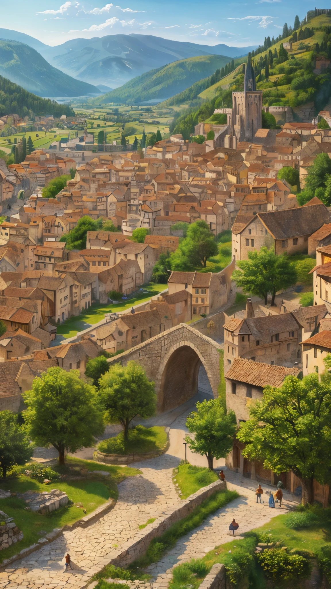 ((masterpiece)),((highest quality)),((High detail)),((Realistic,)) ((Super detailed)) Medieval small town landscape, Cartoonist's illustration, aerial photograph, Beautiful sky, Deformed clouds, 1.3:pine tree, tower.