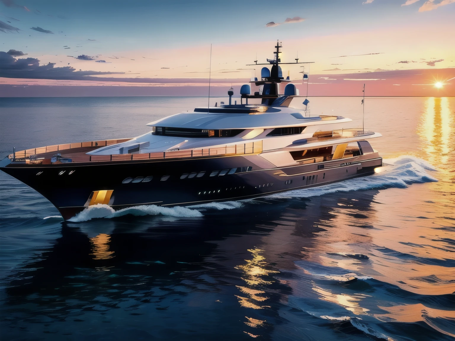 Generate an image of a concept deisgn luxury yacht cruising on the sea, a three-quarter front view to showcase the yacht's muscular stance and the sparkling water around it. The sky should be a brilliant blue with a few wispy clouds, enhancing the overall serene atmosphere. The sun should be positioned just above the horizon, casting a warm glow on the yacht's hull and creating a picturesque reflection on the water. 
