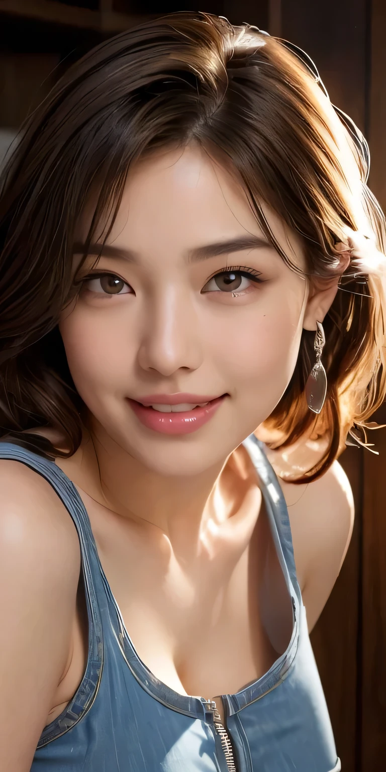 8k, masterpiece, best quality, ultra high resolution, highest resolution, professional lighting, orange lighting, backlighting, antique wood interior, indoors, (photorealistic: 1.2), (sharp focus), cowboy shot, dim lighting, 1 beautiful woman, small face, white skin, turquoise eyes, beautiful eyes, beautiful eyelashes, beautiful eyes, beautiful navel, highlights: 1.2), beautiful big breasts, (erect nipples), beautiful legs, (detailed face and eyes: 1 2), almond eyes, (curly hair, voluminous hair,), (three-dimensional lips, half-open plump lips, beautiful teeth, smile: 1.3), (oval face: 1.4), (realistic skin texture, realistic), ((detailed face, round face contour, brown hair,), ((unzipping torn tank top))), ((revealing nipples)), ((shorts)), ((unzipping jeans))),