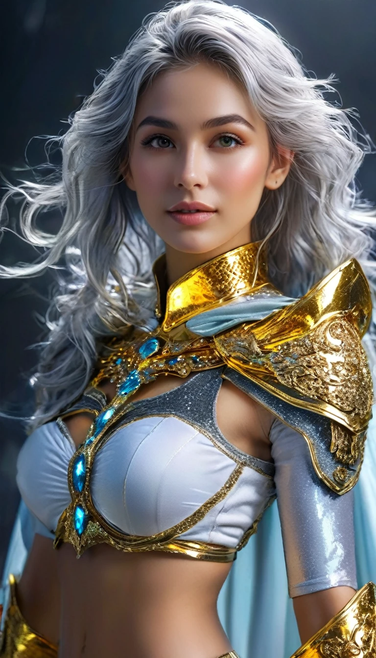 (RAW photo, best quality, masterpiece, ultra-detailed, high res), (realistic),(extremely delicate and beautiful:1), mesmerizing woman with long silver hair in sleek high ponytail , (((wearing glossy silver and gold lined cloak fastened at the neck :1.20))), crop top and hotpants , detailed features, smiling expression of feelings, imaginative, highly detailed, extremely high-resolution details, photographic, realism pushed to extreme, fine texture, 4k, ultra-detailed, high quality, high contrast, full body shot