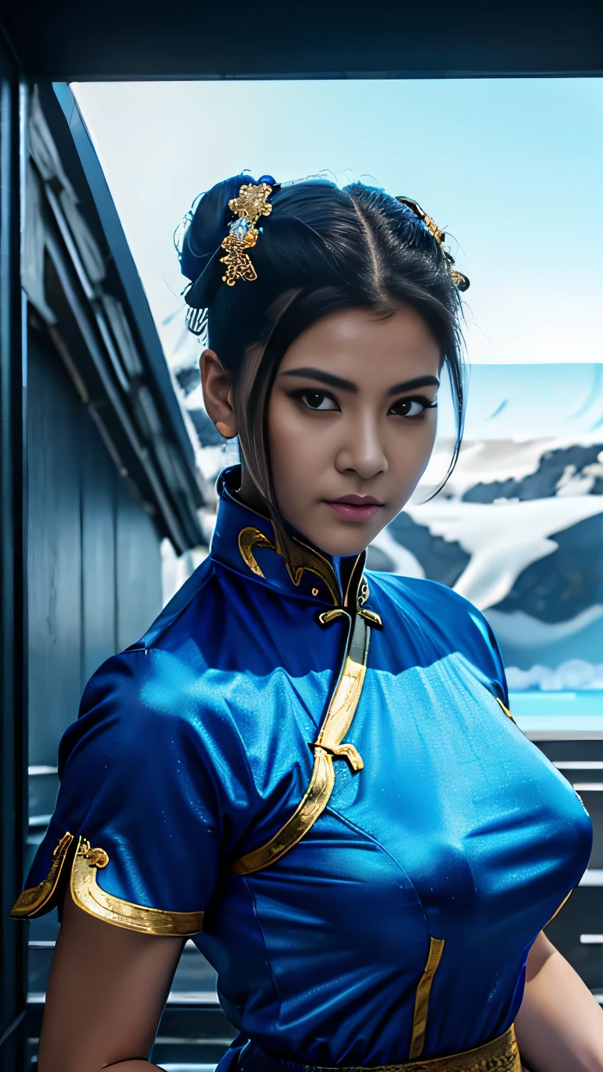 《Street Fight II》Chunli, Perfect Chunli Costume, Blue and gold Chinese dress, Bunhead, Combat Stance, High kick, kick、Please put your feet up, 1 beautiful girl、Beautiful Eyes、Detailed eyes, (reality: 1.4), Light、so beautiful、Beautiful Skin、Detailed skin, (Ultra-realistic)、(8k)、(Very detailed)、(Beautiful Eyes)、(Very detailed)、 (wall-)、Delicate face、Bright Light、Professional Lighting、direct view、Perfect Face, Perfect brown eyes with white sclera, Lonely, 1 girl, Upper Body, Brown Hair, Muscular woman, Blue clothes, Pelvic Curtain, Short sleeve, Good cover, evaluate: The line of sight is this、masterpiece, 最high quality, high quality, High resolution, Big Tits, (((Antarctic background)))