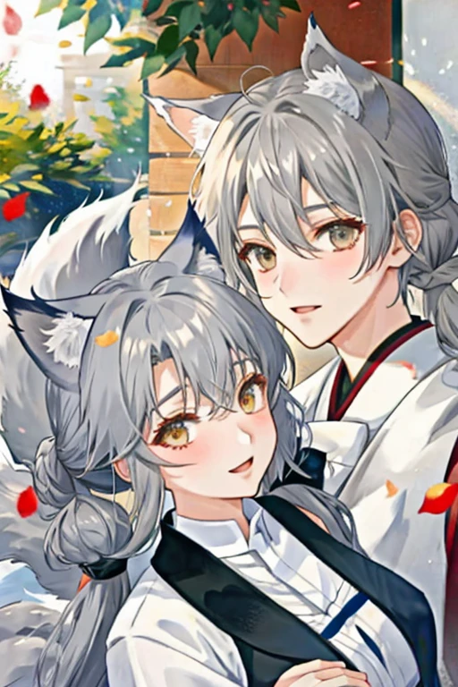 shy female anime kitsune with grey hair and a tail