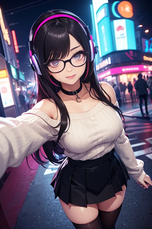 ((best quality)), ((masterpiece)), ((detailed eyes and face)), POV view from above taking a selfie with both arms, perfect face, female, gamer girl, aqua eyes, cherry-red lips, light smile, long black hair, purple streaked hair, purple highlights, wearing headphones, bangs with purple highlights, choker, nerdy glasses, white off-shoulder sweater, long sleeves, black skirt, thigh-highs, big breasts, nighttime, neon lights in the background, colorful lights