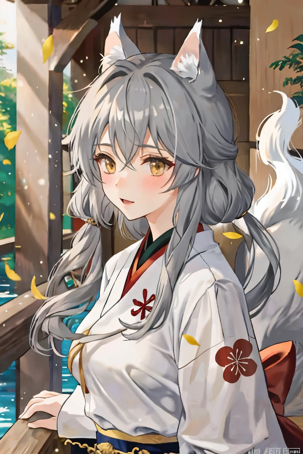 shy female anime kitsune with grey hair and a tail