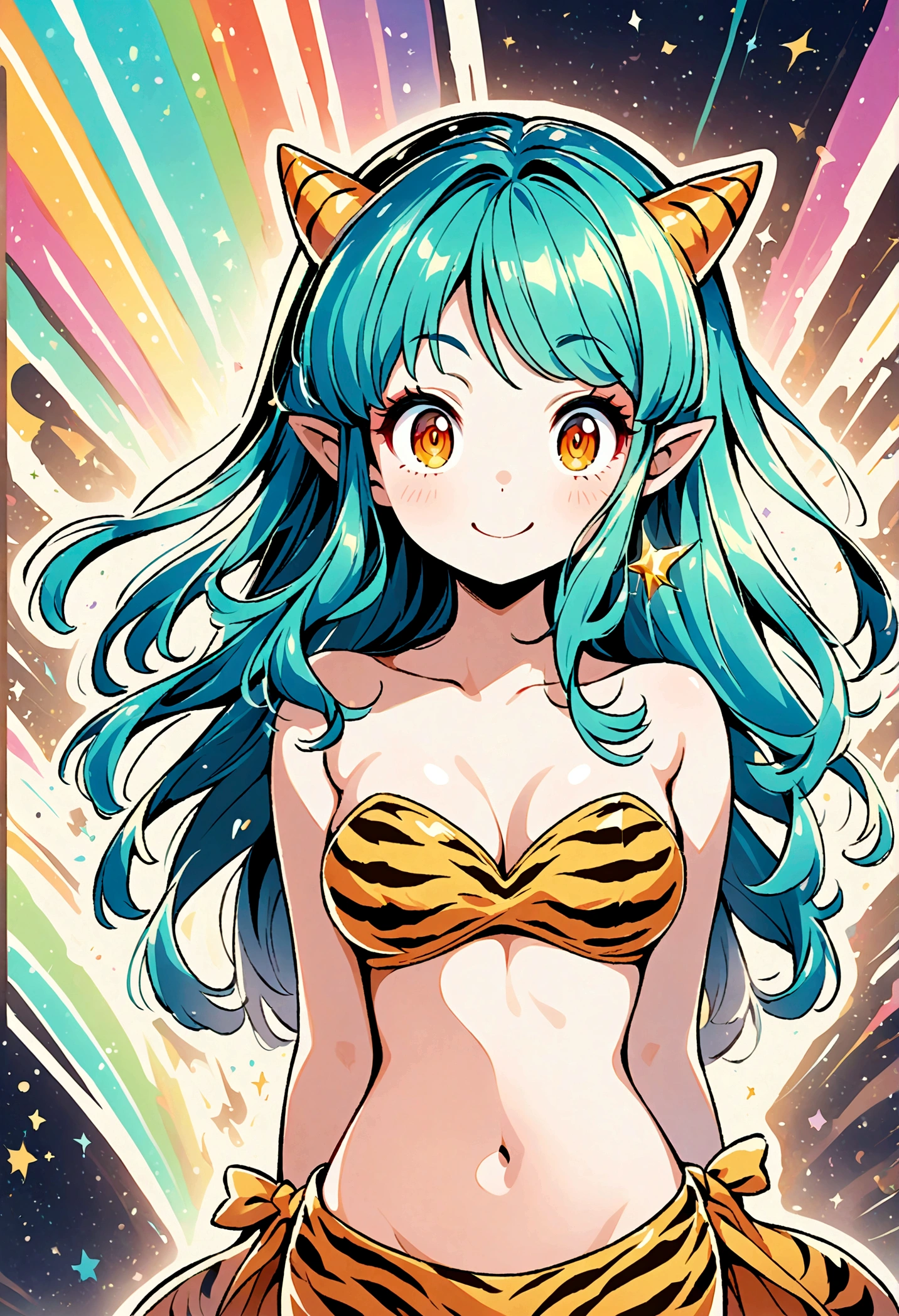 lum, bikini, standing,, , oni, smile,, full body, , , horns, curvy, big breast,, smile, green hair, superhero costume,sharpteeth,levitating, flying