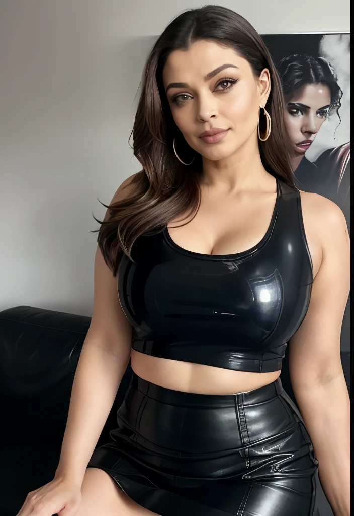 49 yo mature MILF Aishwarya Rai as SEDUCTIVE MILF MODEL, black tight leather skirt, tight crop top, high heels, ponytail hair, bright sunny day scene, athletic curvaceous milf body, sitting in living room, hourglass milf figure, perfect breasts, seductive expression on her face, look at a camera and wink one eye, soft volumetric lights, intricate details, (ArtStation:1.2)