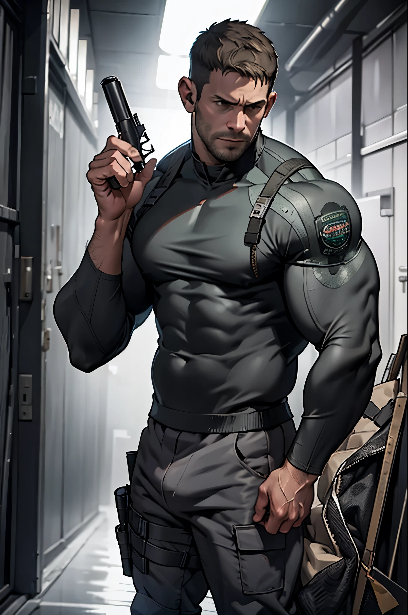 NSFW,1 man, solo, 35 year old, Chris Redfield, naked , serious face, looking at the camera, tatooed on the shoulder , military camouflage unbuttoned pants, showing his cock, equipment, (holding a pistol with 2 hands), tall and hunk, biceps, abs, chest, best quality, masterpiece, high resolution:1.2, upper body shot, dark black gloomy hallway with not background