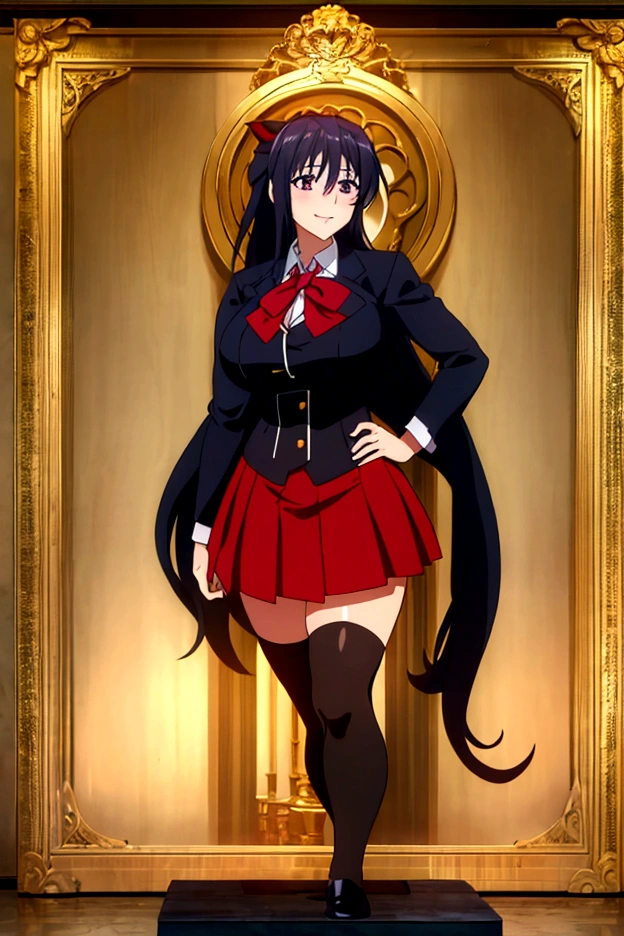 ((mejor calidad)), ((obra maestra)), (detallado), himejima_akeno, 1girl, solo, standing, huge_breasts, (kuoh_academy_school_uniform), red_skirt, school_uniform, short_sleeves, underbust, capelet, black_ribbon, black_corset, purple_eyes, embarrassed, smile, classroom,
