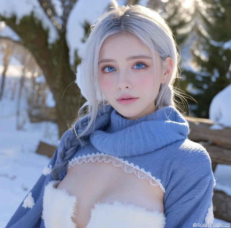 Beautiful girl, blue eyes, white hair, detailed facial traits, national turkic female dress, naked breasts, yurta behind, it's snowing