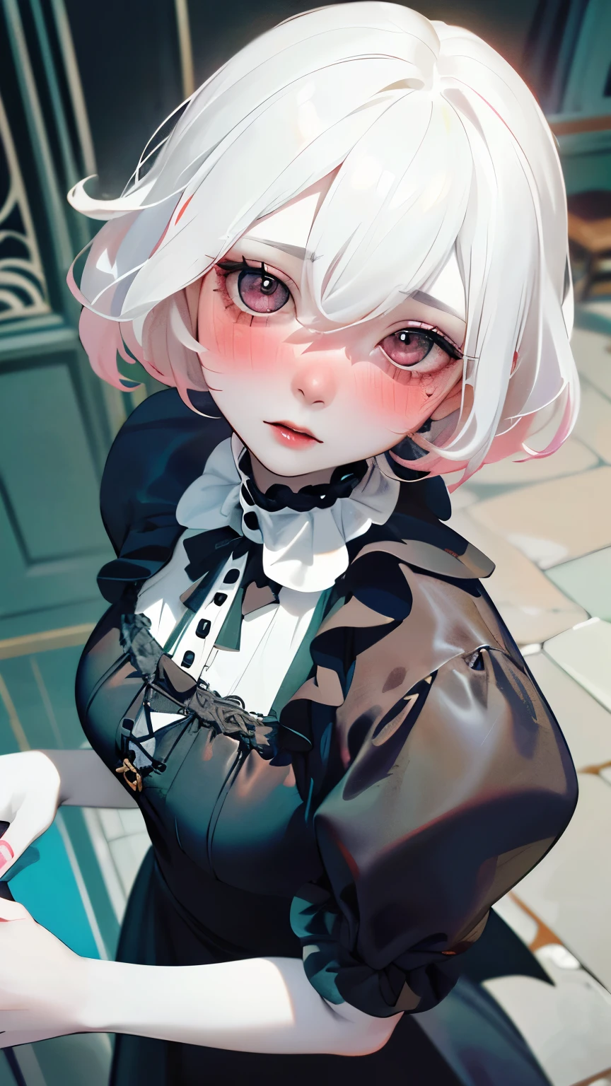 (UHigh resolution, retina, masterpiece, Accurate, Anatomically correct, Textured skin, Very detailed, Attention to detail, high quality, 最high quality, High resolution, 1080p, High resolution, 4K, 8k, 16k), (Beautiful details, Beautiful lip detail, Very detailedな目と顔), Studio Lighting, Physically Based Rendering, Vibrant colors, (Gothic Dress), (Portraiture, Shiny Hair, Shiny skin), [Stained Glass Windows, Bokeh], (incline one's head to the side:1.5), Eye Reflexes, (blush:1.5), (Gothic art, Pale skin, From above:1.5), Monochrome,