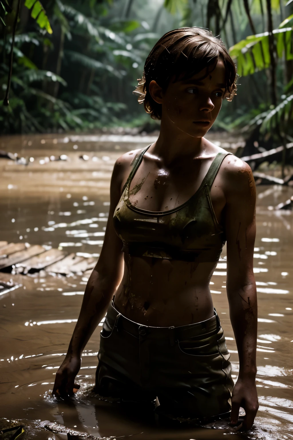 hot cleverage serious scared Sophia Lillis in water in torn up ruined clothes in background of fantastic jungle and muddy ground, clear white skin, wet and muddy, scratches everywhere, face dirty photography, natural light, photorealism, cinematic rendering, ray tracing, the highest quality, the highest detail, Cinematic, Third-Person View, Blur Effect, Long Exposure, 8K, Ultra-HD, Natural Lighting, Moody Lighting, Cinematic Lighting