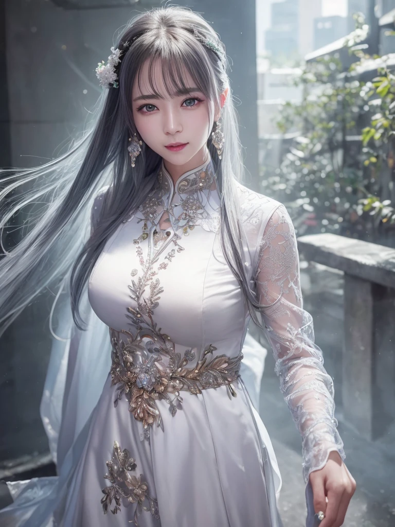 highest quality、8k Masterpiece、超A high resolution、(Photorealistic:1.3)、RAW Photos、1 girl、Silvery white hair、Glowing Skin、1. Super-beautiful Cyberpunk Soldiers、((Ultra-Realistic Details))、Portrait、Global Illumination、Shadow、Octane Rendering、8k、Super sharp、Beautiful breasts、Metal、Cold colors、Very intricate details、Realistic Light、CGSoation Trend、Beautiful Eyes、Shining Eyes、To the camera、Neon Details、smile、Super kind、whole body、Hanfu、Swaying in the Wind