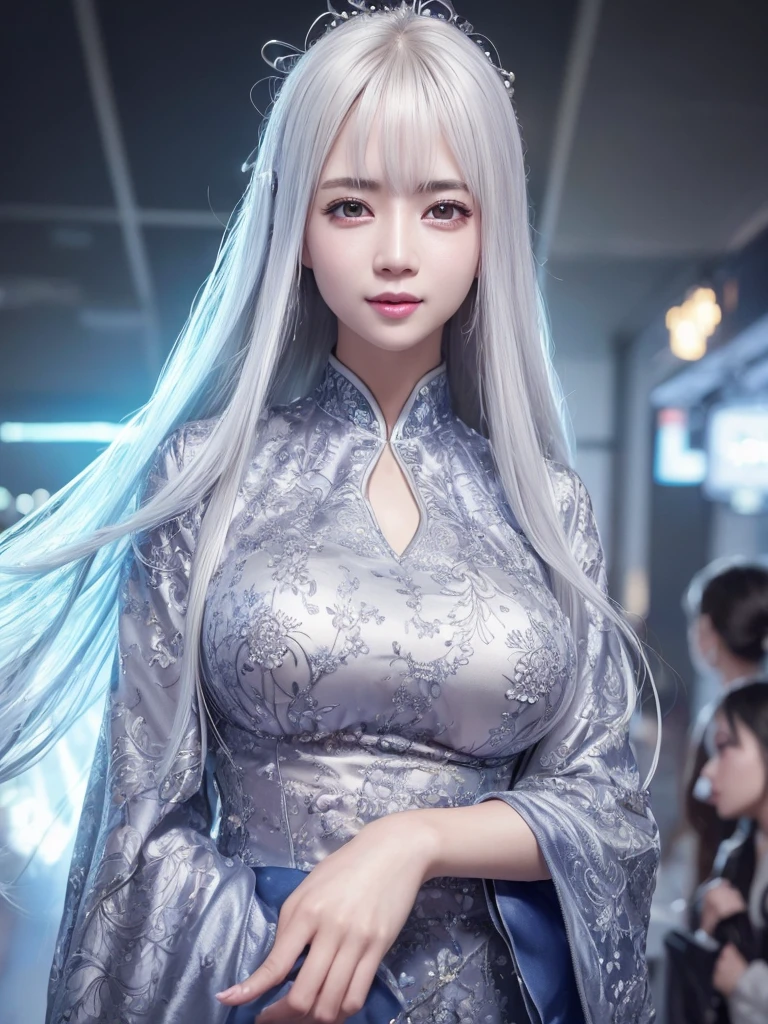 highest quality、8k Masterpiece、超A high resolution、(Photorealistic:1.3)、RAW Photos、1 girl、Silvery white hair、Glowing Skin、1. Super-beautiful Cyberpunk Soldiers、((Ultra-Realistic Details))、Portrait、Global Illumination、Shadow、Octane Rendering、8k、Super sharp、Beautiful breasts、Metal、Cold colors、Very intricate details、Realistic Light、CGSoation Trend、Beautiful Eyes、Shining Eyes、To the camera、Neon Details、smile、Super kind、whole body、Hanfu、Swaying in the Wind