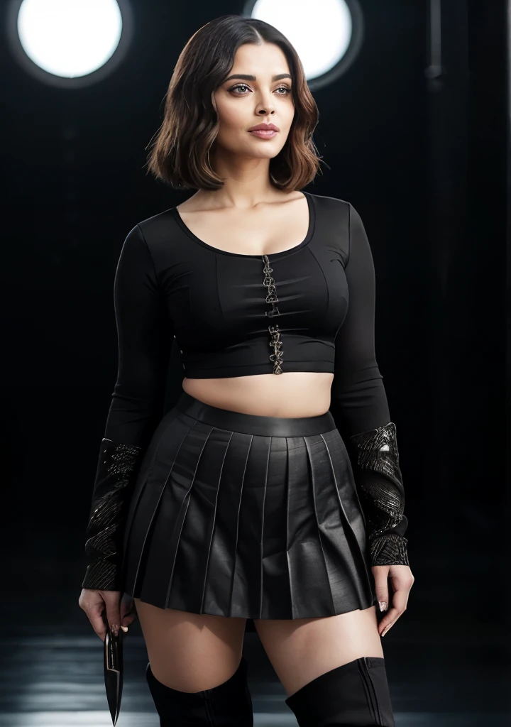SEXY 50yo MATURE MILF Aishwarya Rai Bachchan, ((black micro mini knife pleated skirt and crop top)), ((thigh high boots)), bob cut hair, erotica, bright sunny day scene, curvy milf body, posing in airstrip, hourglass milf figure, big breasts, seductive expression on her face, look at a camera and teasing smile, 49 yo, soft volumetric lights, intricate details, (ArtStation:1.2)
