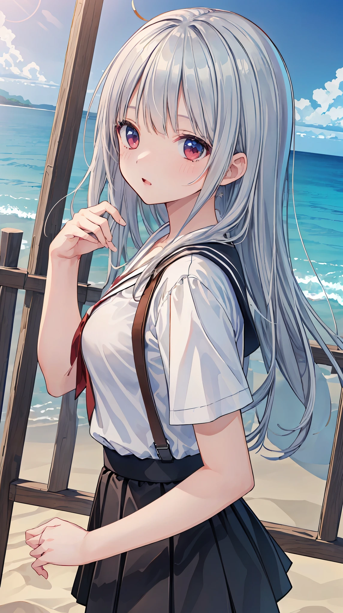 ((masterpiece)), ((highest quality)), ((High resolution)), ((Highly detailed CG Unity 8k wallpaper)), alone, Brown uniform, Black Skirt, White socks, Outdoor, face, Beach, Hanging hair, Parted hair, Silver Hair, 笑face, 