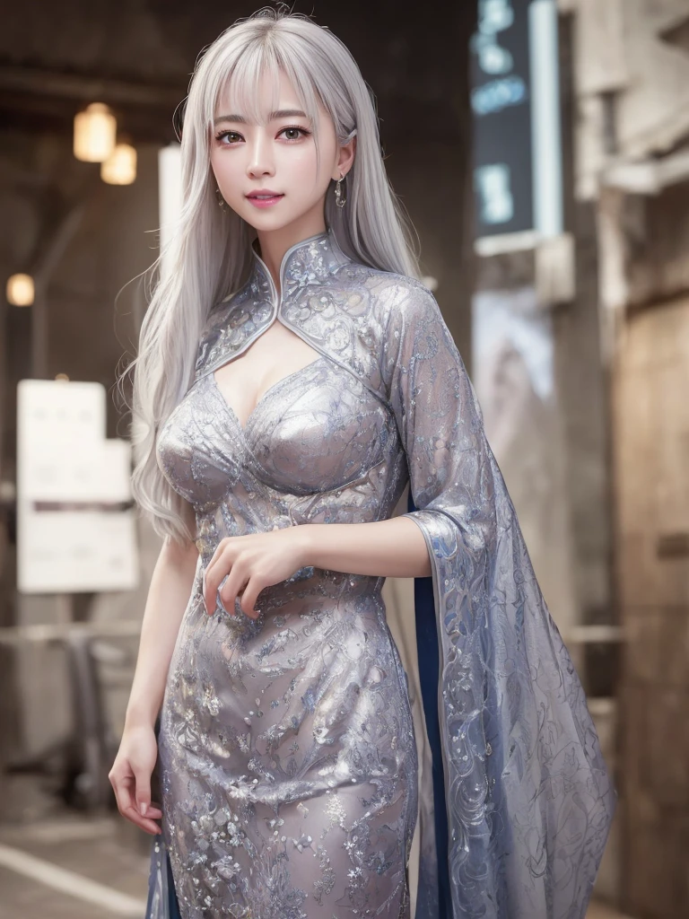 highest quality、8k Masterpiece、超A high resolution、(Photorealistic:1.3)、RAW Photos、1 girl、Silvery white hair、Glowing Skin、1. Super-beautiful Cyberpunk Soldiers、((Ultra-Realistic Details))、Portrait、Global Illumination、Shadow、Octane Rendering、8k、Super sharp、Beautiful breasts、Metal、Cold colors、Very intricate details、Realistic Light、CGSoation Trend、Beautiful Eyes、Shining Eyes、To the camera、Neon Details、smile、Super kind、whole body、Hanfu、Swaying in the Wind、50age