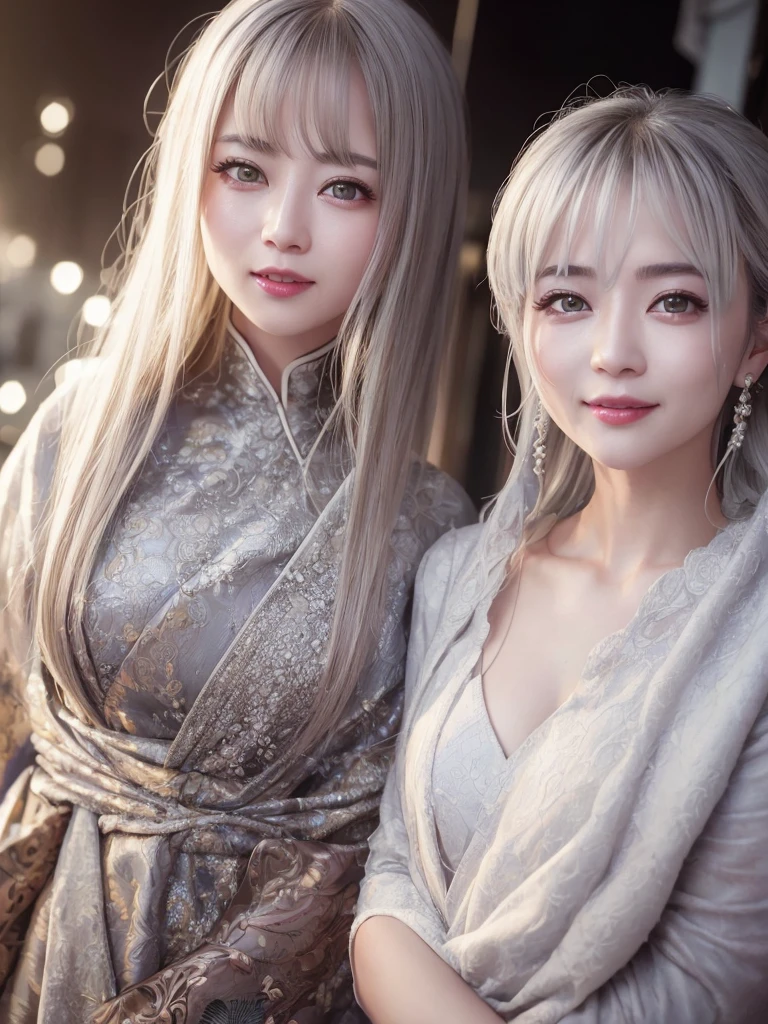 highest quality、8k Masterpiece、超A high resolution、(Photorealistic:1.3)、RAW Photos、1 girl、Silvery white hair、Glowing Skin、1. Super-beautiful Cyberpunk Soldiers、((Ultra-Realistic Details))、Portrait、Global Illumination、Shadow、Octane Rendering、8k、Super sharp、Beautiful breasts、Metal、Cold colors、Very intricate details、Realistic Light、CGSoation Trend、Beautiful Eyes、Shining Eyes、To the camera、Neon Details、smile、Super kind、whole body、Hanfu、Swaying in the Wind、50age