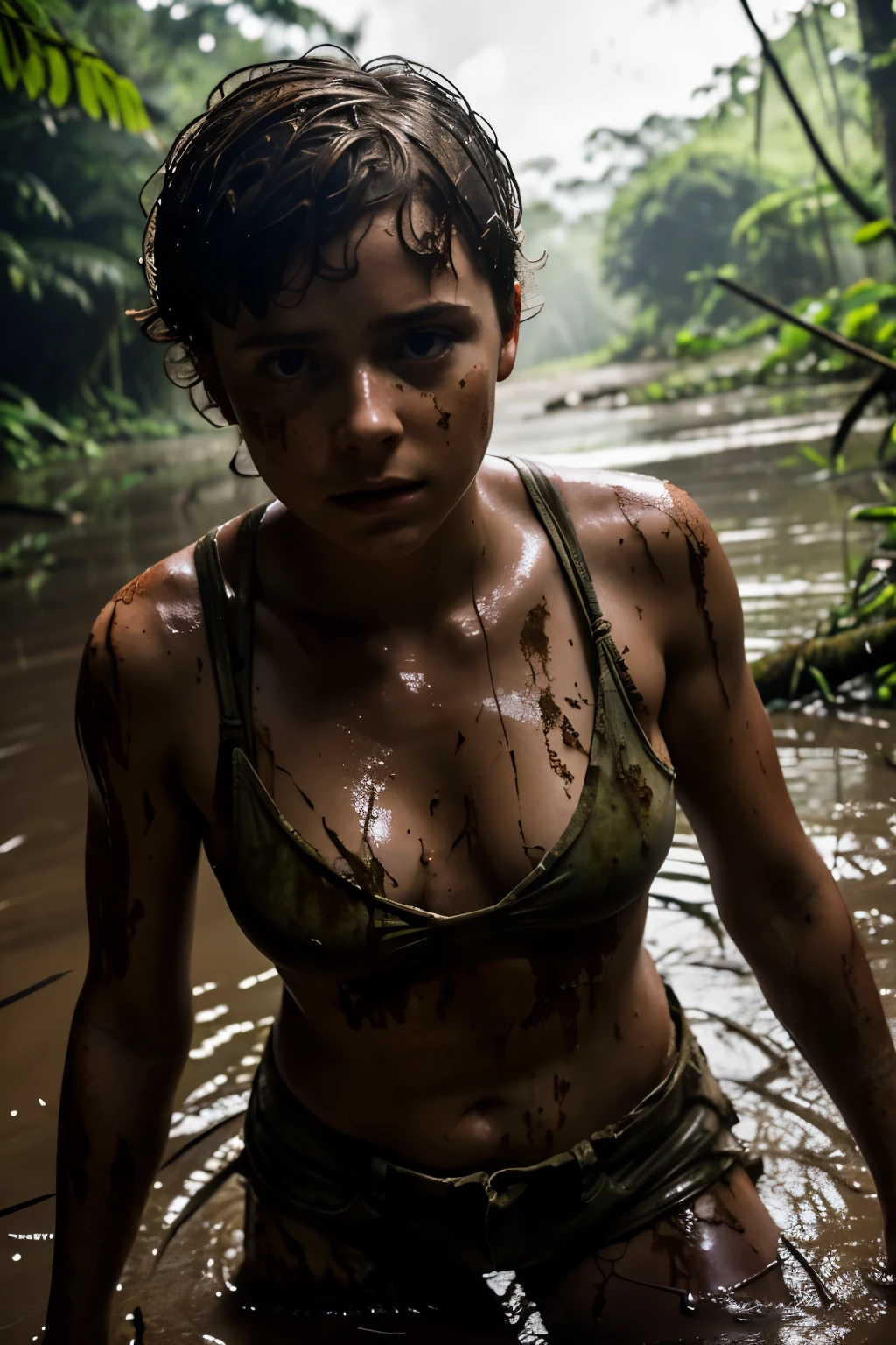 hot cleverage serious Sophia lillis in background of fantastic jungle and muddy ground, clear white skin, wet and muddy, scratches everywhere, face dirty photography, natural light, photorealism, cinematic rendering, ray tracing, the highest quality, the highest detail, Cinematic, Third-Person View, Blur Effect, Long Exposure, 8K, Ultra-HD, Natural Lighting, Moody Lighting, Cinematic Lighting