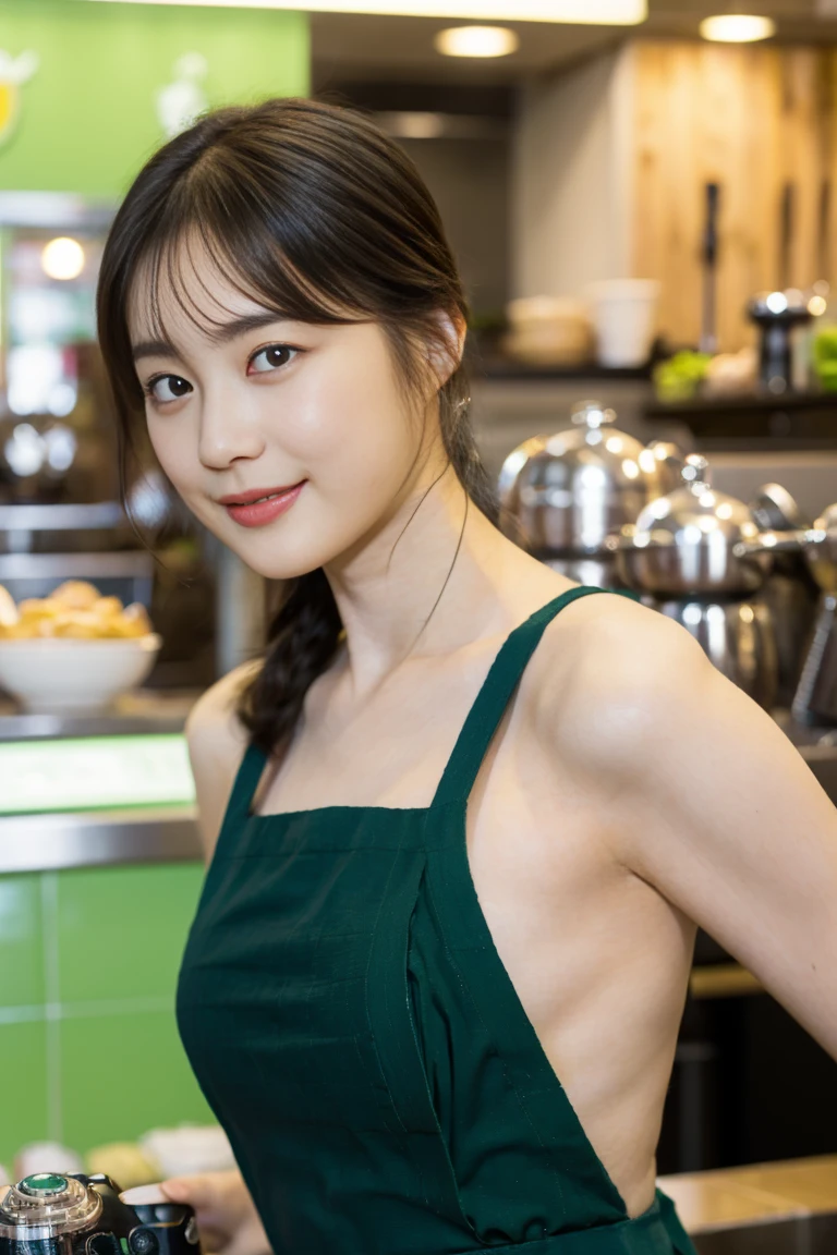 (Realistic、Photorealistic、Ultra-detailed、Highest Detail Skin、highest quality、masterpiece、超A high resolution)、Very cute Japanese woman、18-year-old、Gradient lighting、One Girl、Purelos Face、(((((Naked Apron、Wear only an apron、Green apron only、No clothes)))))、(((Coffee shop clerk、Serve customers at the counter)))、On the bed、Laughter、Realistic skin types、Perfect Style、Gravure idol pose、shortcut,((The camera is from the side of the body)),