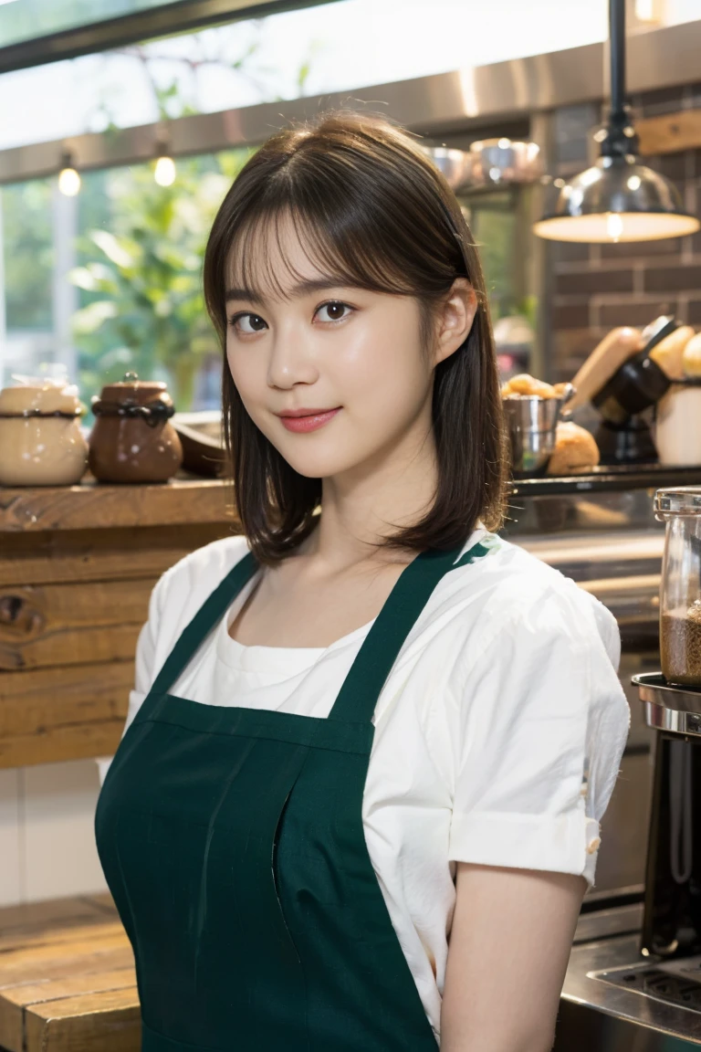 (Realistic、Photorealistic、Ultra-detailed、Highest Detail Skin、highest quality、masterpiece、超A high resolution)、Very cute Japanese woman、18-year-old、Gradient lighting、One Girl、Purelos Face、(((((Naked Apron、Wear only an apron、Green apron only、No clothes)))))、(((Coffee shop clerk、Serve customers at the counter)))、On the bed、Laughter、Realistic skin types、Perfect Style、Gravure idol pose、shortcut,((The camera is from the side of the body)),