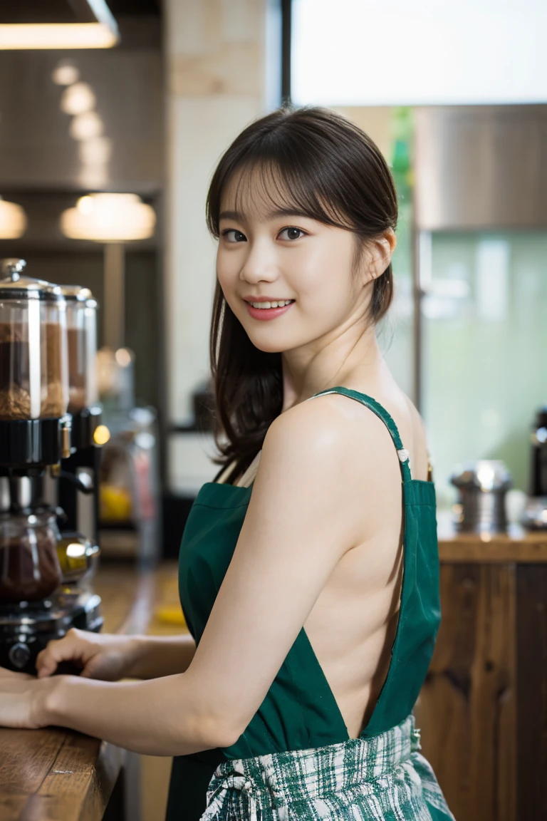 (Realistic、Photorealistic、Ultra-detailed、Highest Detail Skin、highest quality、masterpiece、超A high resolution)、Very cute Japanese woman、18-year-old、Gradient lighting、One Girl、Purelos Face、(((((Naked Apron、Wear only an apron、Green apron only、No clothes)))))、(((Coffee shop clerk、Serve customers at the counter)))、On the bed、Laughter、Realistic skin types、Perfect Style、Gravure idol pose、shortcut,((The camera is from the side of the body)),