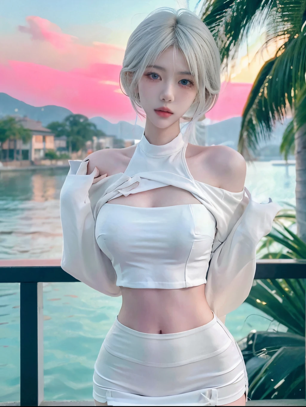 Beautiful woman with perfect figure:1.4,Layered hairstyle,White skin,Prominent cleavage,Bikini:1.5,Super short pleated skirt,whole body,Very delicate facial and skin texture,Double eyelids,Skin Whitening,Long white hair