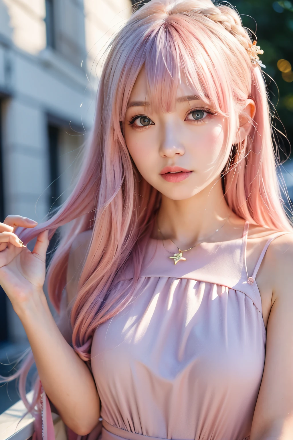 Ai Hoshino, beige pink hair, Blue Hair,Long Hair, favorite , beautiful, Shining Eyes, stars are reflected in my eyes, Idol, ２By people, 2 girls, Long pink hair