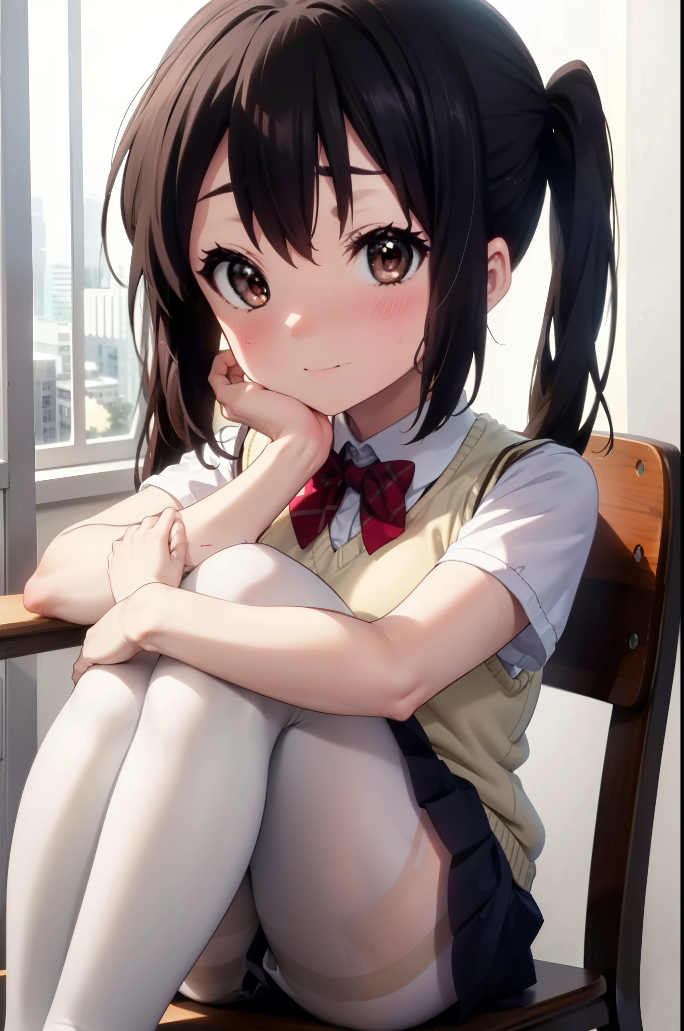 azusanakano, Azusa Nakano, Black Hair, (Brown eyes:1.5), Long Hair, Twin tails,smile,blush,break skirt, shirt, bow, ribbon, , white shirt, Short sleeve, Pleated skirt, collared shirt, mini skirt, bowtie, Black Loafers , Black Skirt, green ,bow ,red sweater vest:1.5),Sitting on a chair with legs crossed,There is food on the table,Black pantyhose,Brown loafers,whole bodyがイラストに入るように,
break indoors, classroom,
break looking at viewer, whole body,
break (masterpiece:1.2), highest quality, High resolution, unity 8k wallpaper, (figure:0.8), (Beautiful fine details:1.6), Highly detailed face, Perfect lighting, Highly detailed CG, (Perfect hands, Perfect Anatomy),