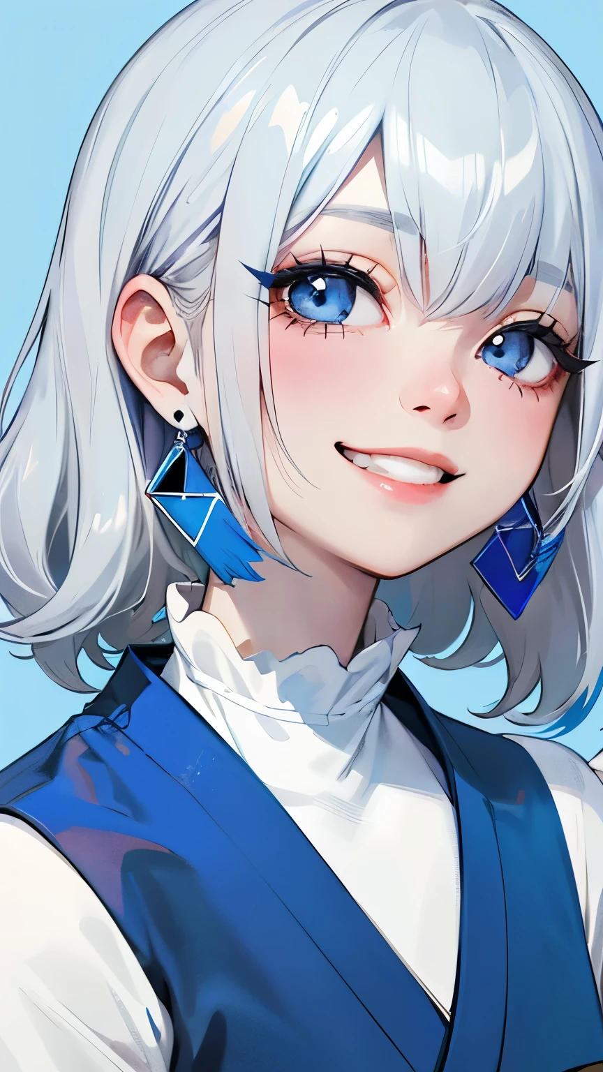 Minimalist，Stylish girl，Gray Hair，Blue background，Wear special earrings，Bohemian style，Defined eyelashes，Bright Blue Eyes，clean通透的眼珠，close，Portrait Camera，Smiling face flat illustration，geometry，clean，Japanese Manga