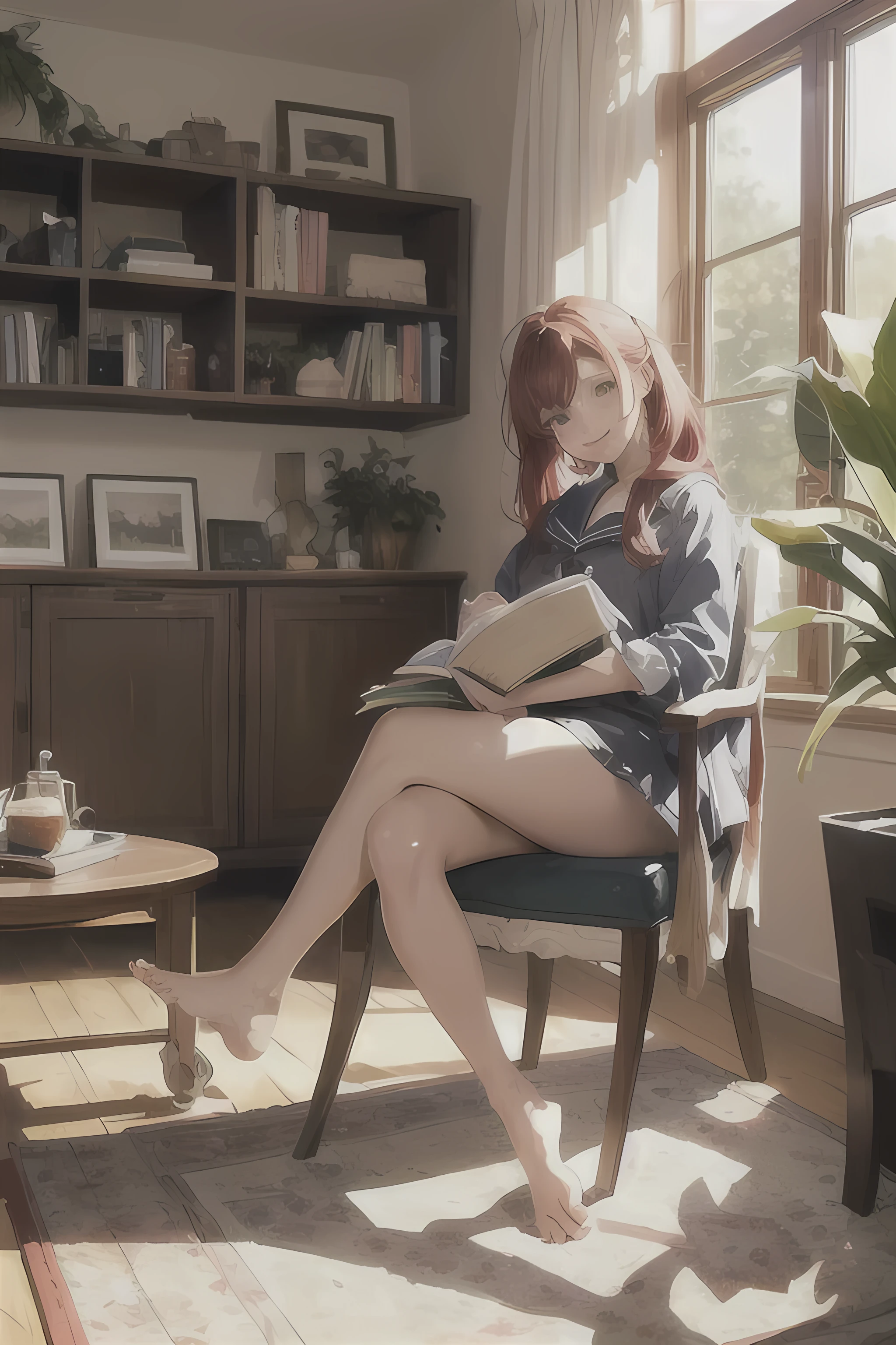 female (18 years old, red hair in a bun with loose strands framing the face, large expressive brown eyes, anime-style facial features, smooth pale skin, wearing a sailor-style , barefoot) is sitting in a chair in a cozy living room, (comfortable furniture, warm lighting, modern decor, a coffee table with books and a plant, large windows with sunlight streaming in), (barefoot, legs crossed, confident and relaxed posture, smiling), viewed from a low angle looking up, BREAK, quality (8k, wallpaper of extremely detailed CG unit, masterpiece, high resolution, top-quality, top-quality real texture skin, hyper realistic, increase the resolution, RAW photos, best quality, highly detailed, the wallpaper, cinematic lighting, ray trace, golden ratio), long view, anime-style character, anime aesthetic, anime face, realistic background