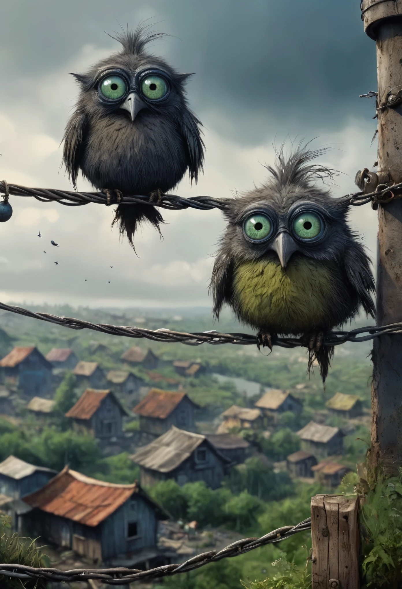three birds sitting on a wire with a cloudy sky in the background, pixar movie still, pixar movie screenshot, frame from pixar movie, animated movie still, still from the pixar movie, still from a pixar movie, disney pixar movie still, pixar movie scene, still from pixar movie, still from a 2001 pixar movie, pixar render, animated film still,eyes extremely detailed,intricate details eyes,eyes extremely detailed, high detailed eyes,16k resolution, eyes anatomically correct,Ultra HD,HDR,hyper realism, hyper detailed,extremely Realism,Ultra Detailed,body logically correct,Extremely detailed,High contrast,Masterpiece,Realism,Ultra Detailed, intricate details,realistic humid leather, cinematic style,irina yermolova,high contrast,hdr,extremely detailed, [deep night landscape],masterpiece,intricate details,faded,eyes extremely detailed,Silverclaw,view from height,full-body-shot,High contrast,Masterpiece,Realistic,Ultra Detailed,intricate details,realistic humid skin,extremly intricate,realism,photorealism, cinematic style,irina yermolova,HDR,((Wangechi Quality)),extremely detailed, [night landscape],masterpiece,intricate details,faded,eyes extremely detailed, high detailed eyes,16k resolution,RAW, Nikon Z9,chinese orc's village of fishers on seaside,authentic,full body length,Labradorite babygirl,native italian troll ,pretty face,eyebrow up,full body shot,ominous landscape,glate gray atmosphere,by art Simon Stalenhag,Nicola Samori,(((Wangechi Mutu))),prime colors,urban,extremely detailed,masterpiece,intricate details,faded,eyes extremely detailed, high detailed eyes,4k resolution,RAW, Nikon Z9

