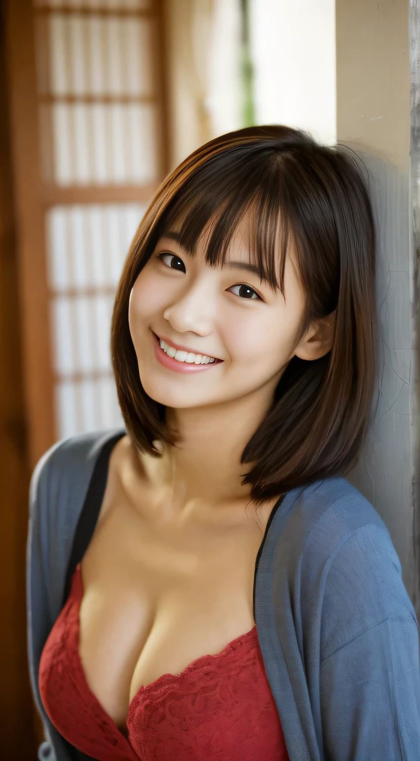 masterpiece,best quality,(Japanese ),((Beautiful girl)),cleavage,indoor,(perfect body beauty:1.2),(shy smile),beautiful teeth,