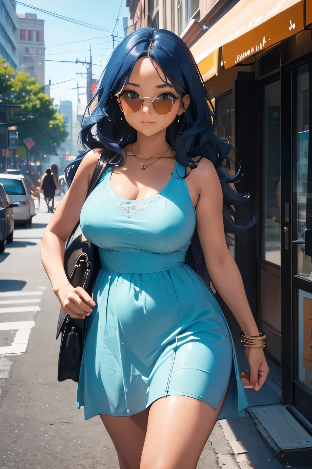 1 girl, single girl, cute, dark skin, tan skin, wavy blue hair, turquoise eyes, big breasts, wide hips, short going out dress, sunglasses, fashion bags, clothing store