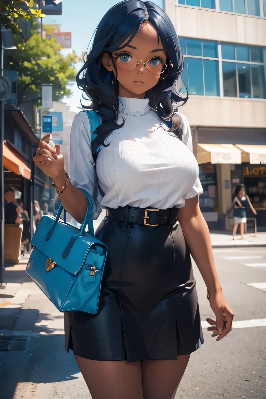 1 girl, single girl, cute, dark skin, tan skin, wavy blue hair, turquoise eyes, big breasts, wide hips, short going out dress, sunglasses, fashion bags, clothing store