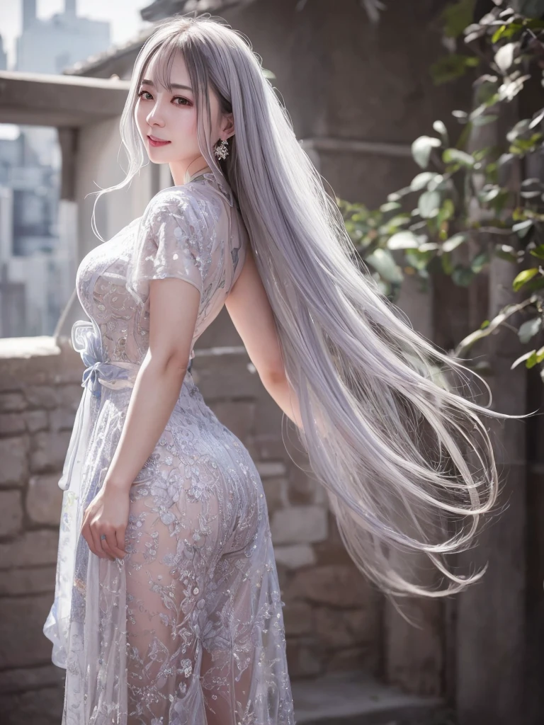 highest quality、8k Masterpiece、超A high resolution、(Photorealistic:1.3)、RAW Photos、1 girl、Silvery white hair、Glowing Skin、1. Super-beautiful Cyberpunk Soldiers、((Ultra-Realistic Details))、Portrait、Global Illumination、Shadow、Octane Rendering、8k、Super sharp、Metal、Cold colors、Very intricate details、Realistic Light、CGSoation Trend、Beautiful and shining eyes、Beautiful breasts、Beautiful ass、To the camera、Neon Details、smile、Super kind、whole body、Hanfu、Swaying in the Wind、50age