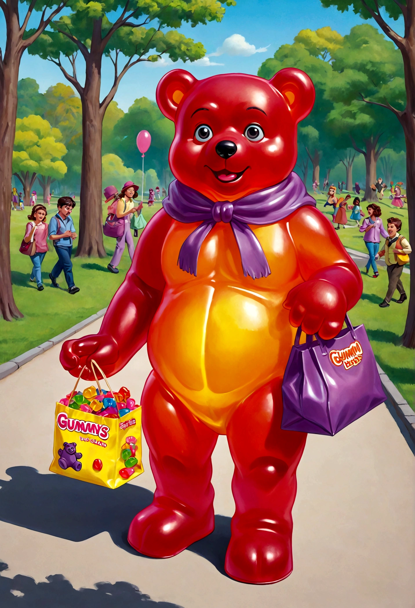 in candy land, a Gummi Bear walking through the park is eating a bag of humans (people the size of gummy candies), his tummy hurts and he makes a disgusted face