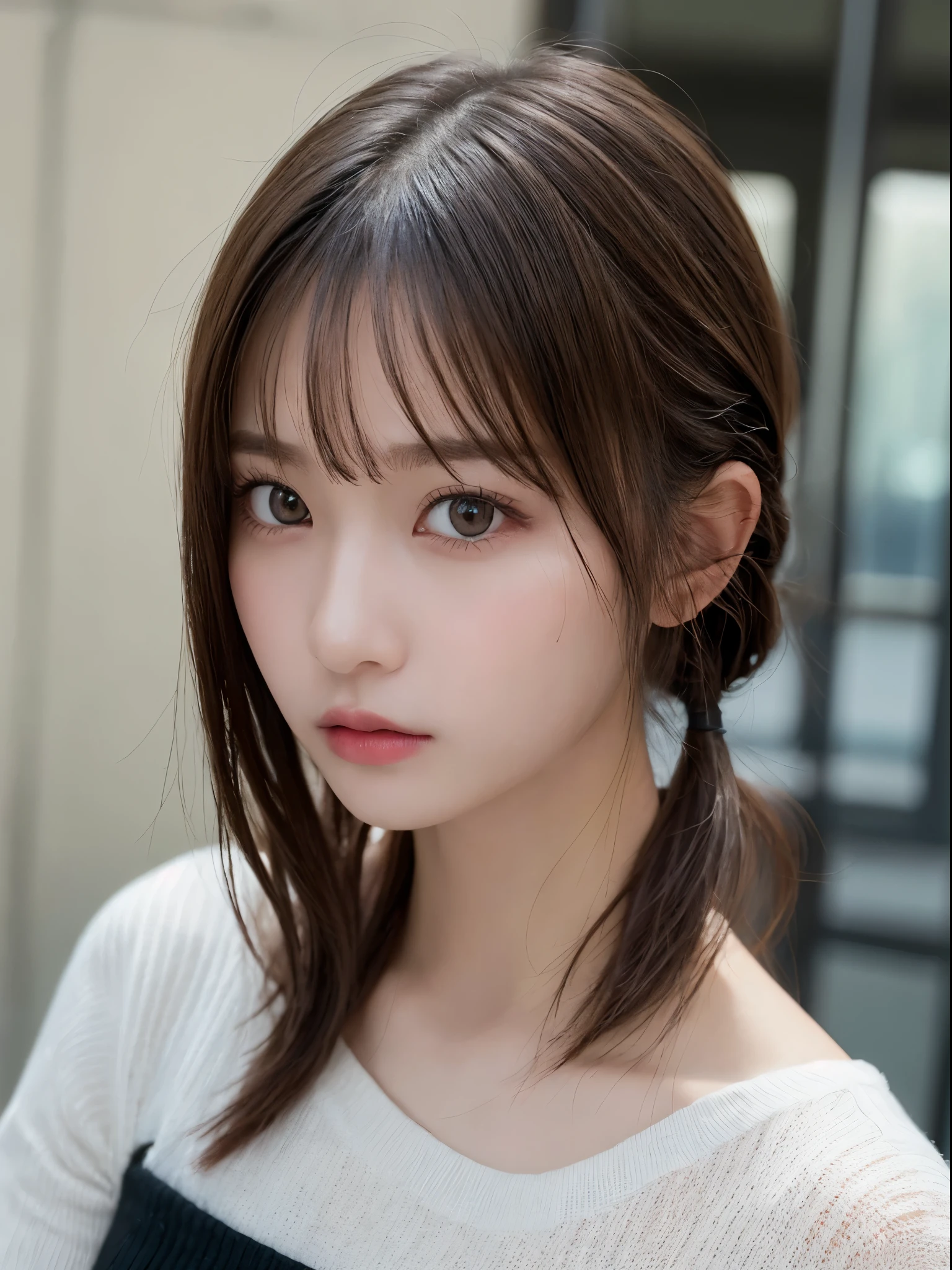 (masterpiece:1.3), (8K, Photorealsitic, Raw photography, Top image quality: 1.4), 20 year old girl、(Random hairstyles:1.2)、Super Detail Face、Eye of Detail、double eyelid、sharp focus:1.2、prety woman:1.4、light brown hair、poneyTail、Natural Color Lip、top-quality、masterpiece、超A high resolution、(Photorealsitic:1.4)、very detailed and professional lighting、Wear a black sweater、slender、serious facial expression、Transparent skin、randome pose、Glowing hair、Gravure Model Pose、