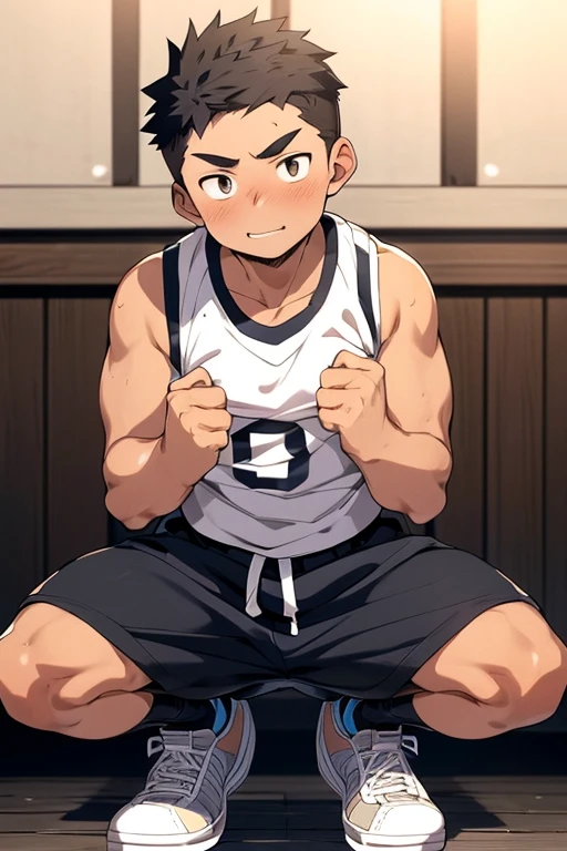 1 boy,suspicious face,18 years old, embarrassed, open eyes,T-shirt,sleeveless,shorts,sneakers,backstreet,squat,split legs,scrotum,between legs,(black eyes,detailed eyes),(masterpiece,best quality:1.4),Top Quality,High quality,Ultra detailed,insanely detailed,beautiful,anime style